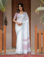 Pure White & Red Handloom Cotton Saree with Minimal Striped Border & Tassel Detailing