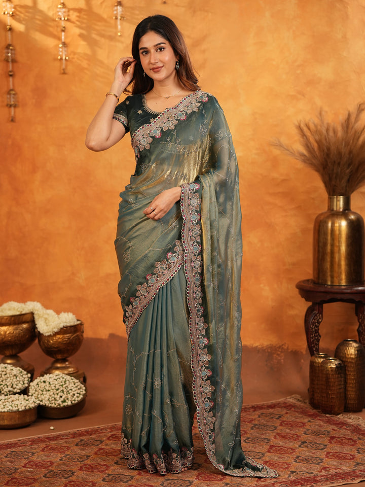 Elegant Steel Teal Fendy Satin Embroidered Saree with Floral Border & Tassel Finish | Designer Party Wear Saree with Heavy Embroidered Blouse