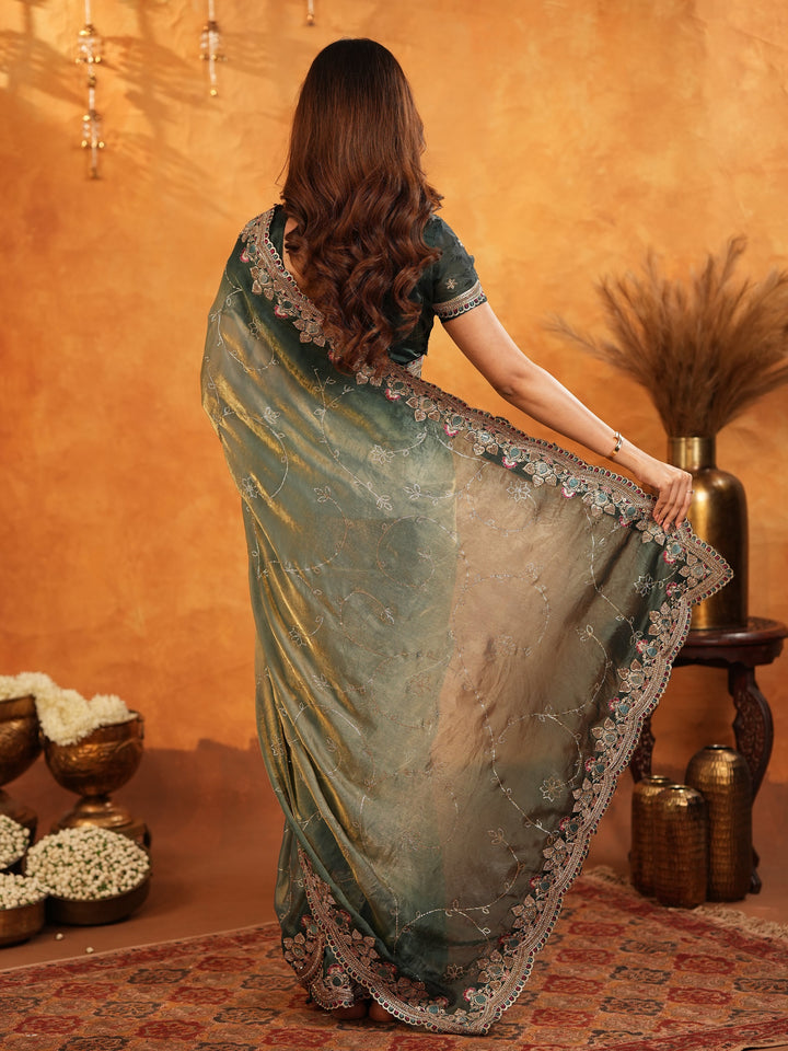 Elegant Steel Teal Fendy Satin Embroidered Saree with Floral Border & Tassel Finish | Designer Party Wear Saree with Heavy Embroidered Blouse
