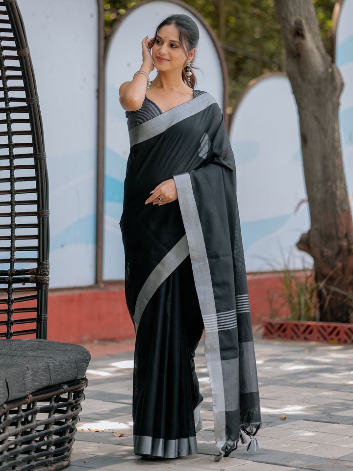 Classic Black Pure Handloom Cotton Saree with Silver Border & Tassel Detailing