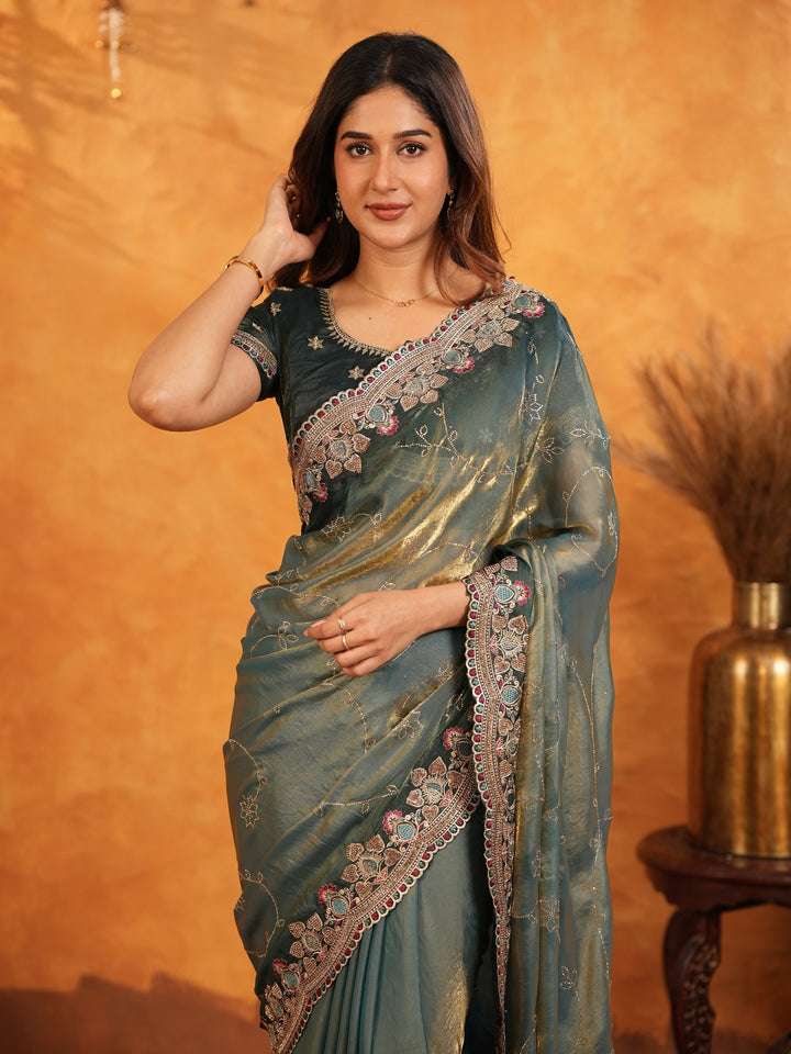 Elegant Steel Teal Fendy Satin Embroidered Saree with Floral Border & Tassel Finish | Designer Party Wear Saree with Heavy Embroidered Blouse