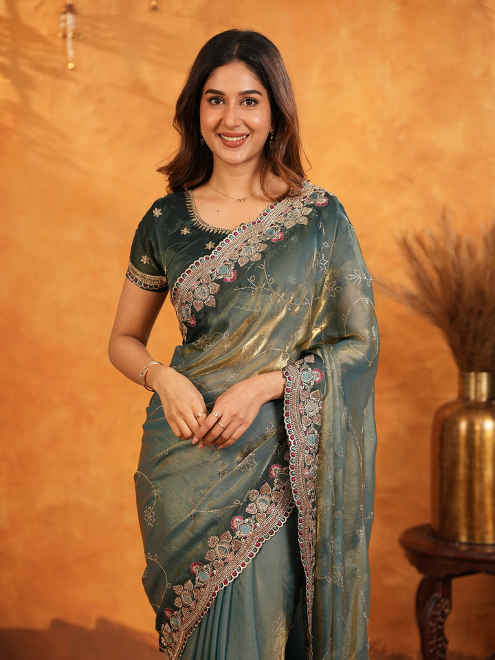 Elegant Steel Teal Fendy Satin Embroidered Saree with Floral Border & Tassel Finish | Designer Party Wear Saree with Heavy Embroidered Blouse