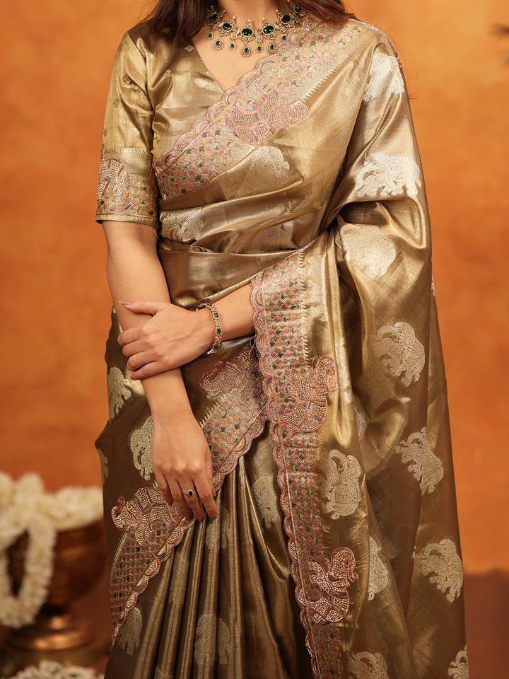 Antique Gold Tissue Silk Embroidered Saree with Rich Zari Motifs & Designer Border | Heavy Embroidered Blouse with Tassels | Wedding Festive Wear Saree