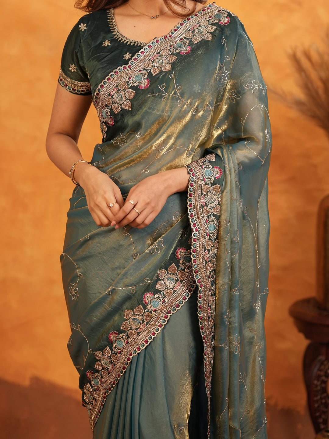 Elegant Steel Teal Fendy Satin Embroidered Saree with Floral Border & Tassel Finish | Designer Party Wear Saree with Heavy Embroidered Blouse