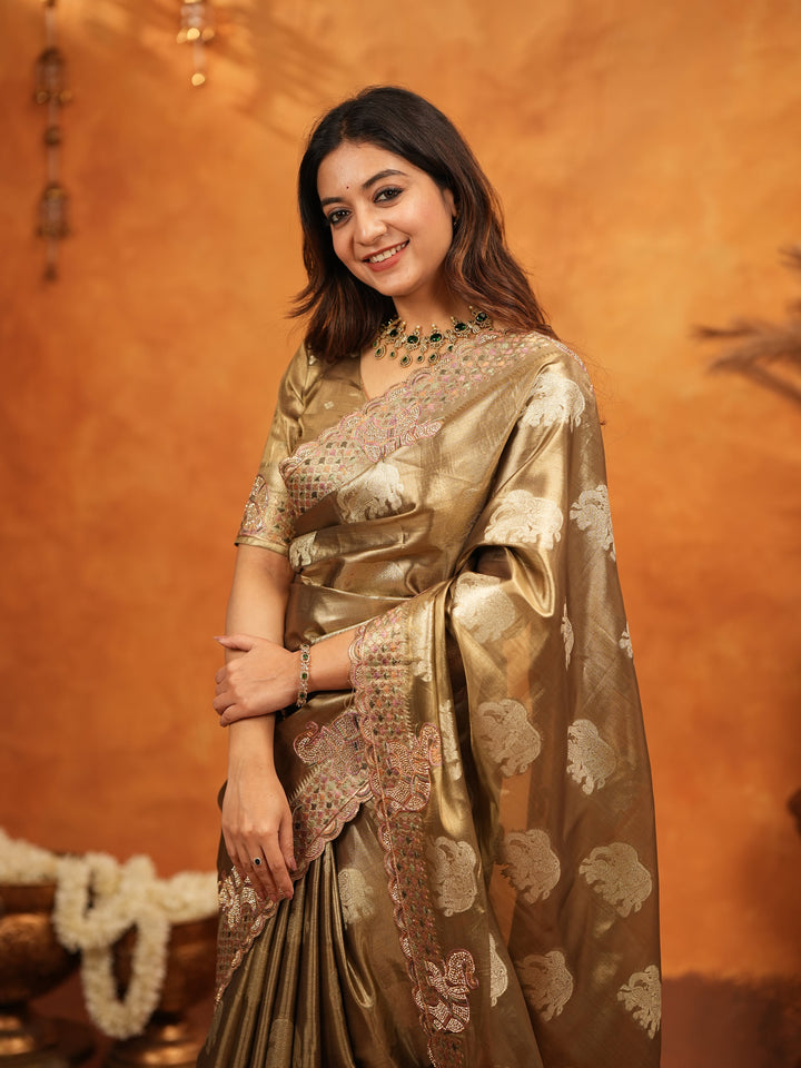 Antique Gold Tissue Silk Embroidered Saree with Rich Zari Motifs & Designer Border | Heavy Embroidered Blouse with Tassels | Wedding Festive Wear Saree
