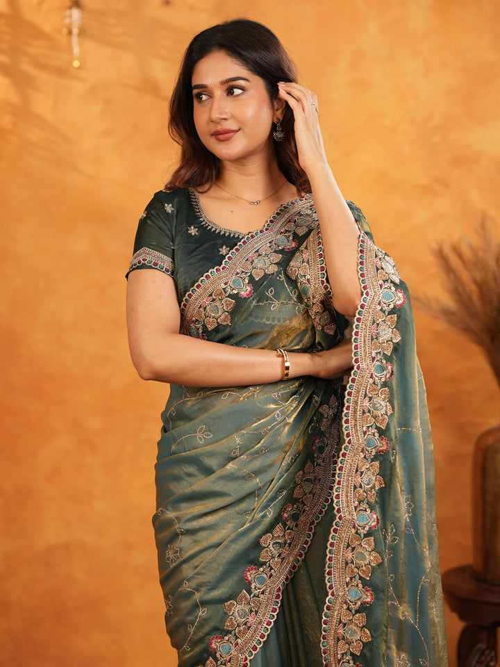 Elegant Steel Teal Fendy Satin Embroidered Saree with Floral Border & Tassel Finish | Designer Party Wear Saree with Heavy Embroidered Blouse