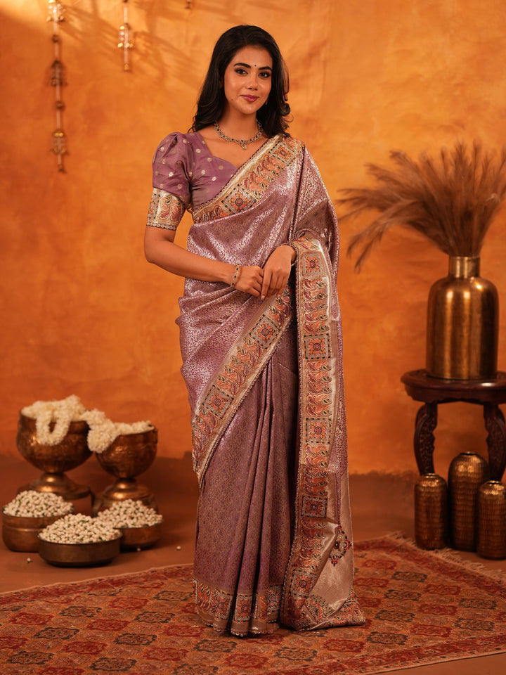 Dusty Mauve Banarasi Silk Saree with Intricate Zari Weaving & Rich Embroidered Border | Elegant Wedding & Festive Wear Saree with Blouse