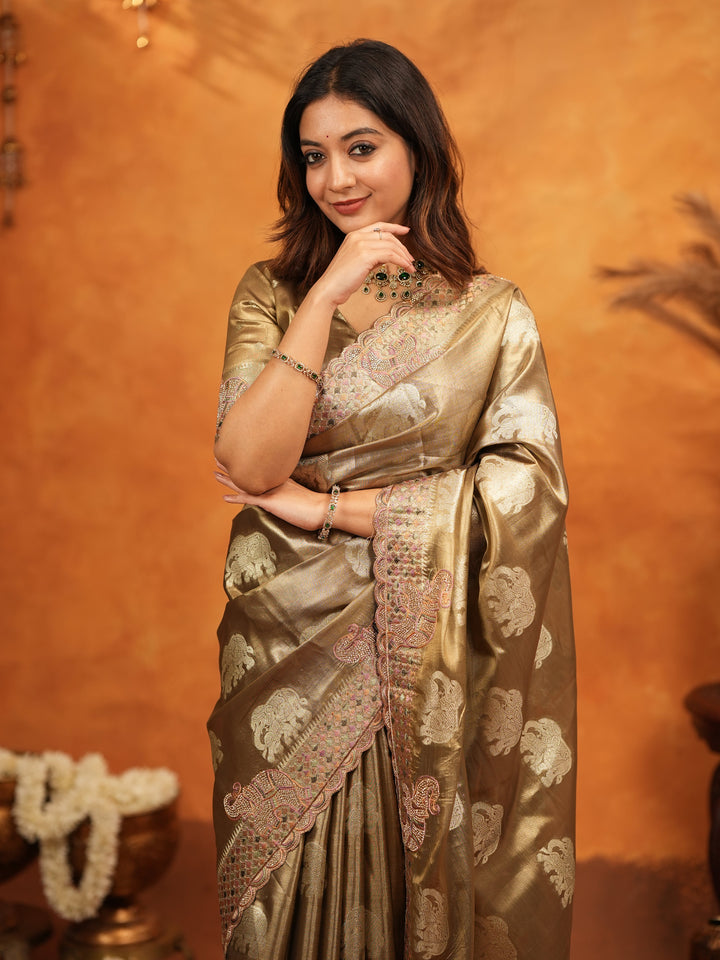 Antique Gold Tissue Silk Embroidered Saree with Rich Zari Motifs & Designer Border | Heavy Embroidered Blouse with Tassels | Wedding Festive Wear Saree