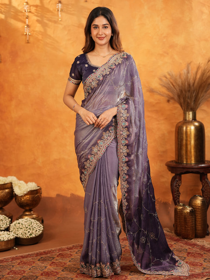 Royal Lavender Purple Fendy Satin Embroidered Saree with Intricate Floral Border & Tassels | Designer Party Wear Saree with Heavy Embroidered Blouse
