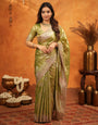 Mehendi Green Tissue Silk Embroidered Saree with Zari Motifs & Designer Border | Heavy Embroidered Blouse with Tassels | Wedding & Festive Wear Saree