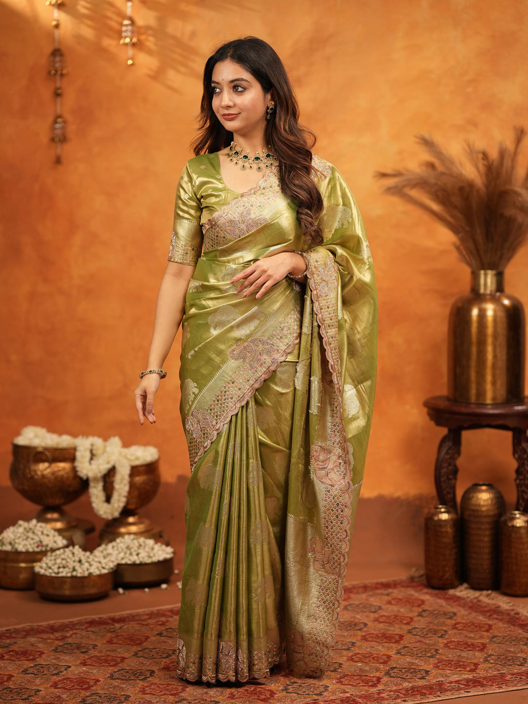 Mehendi Green Tissue Silk Embroidered Saree with Zari Motifs & Designer Border | Heavy Embroidered Blouse with Tassels | Wedding & Festive Wear Saree