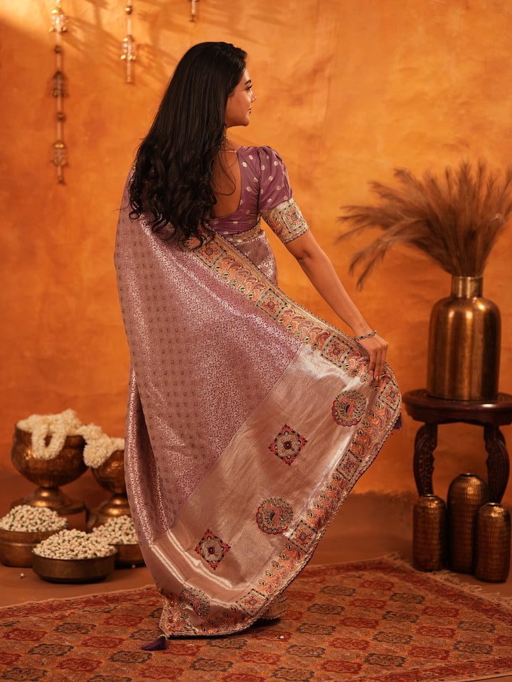 Dusty Mauve Banarasi Silk Saree with Intricate Zari Weaving & Rich Embroidered Border | Elegant Wedding & Festive Wear Saree with Blouse