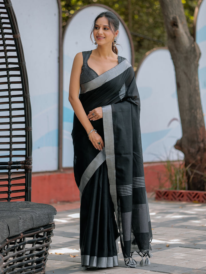 Classic Black Pure Handloom Cotton Saree with Silver Border & Tassel Detailing