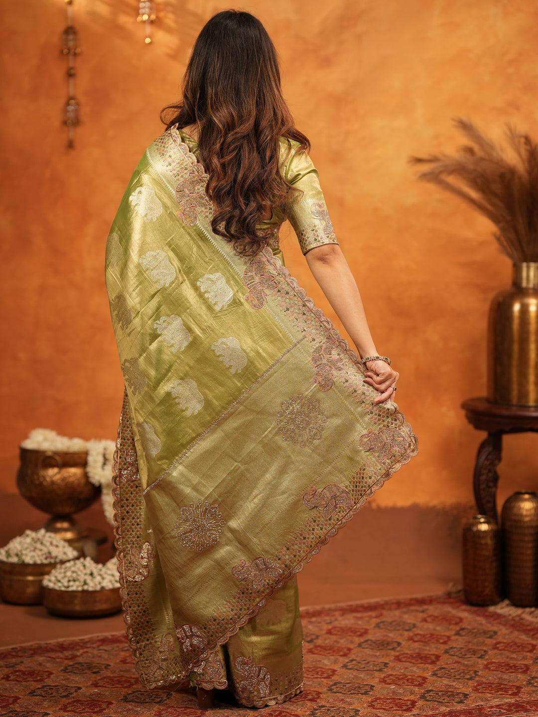 Mehendi Green Tissue Silk Embroidered Saree with Zari Motifs & Designer Border | Heavy Embroidered Blouse with Tassels | Wedding & Festive Wear Saree