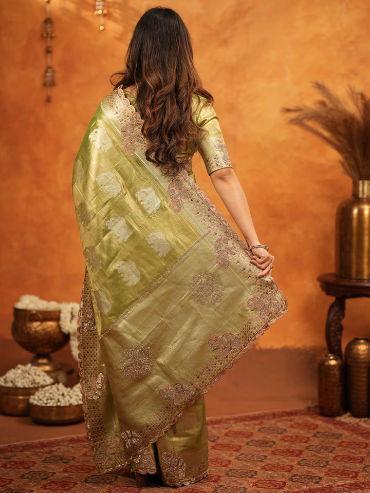 Mehendi Green Tissue Silk Embroidered Saree with Zari Motifs & Designer Border | Heavy Embroidered Blouse with Tassels | Wedding & Festive Wear Saree