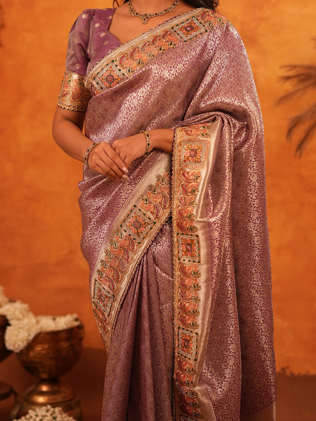 Dusty Mauve Banarasi Silk Saree with Intricate Zari Weaving & Rich Embroidered Border | Elegant Wedding & Festive Wear Saree with Blouse
