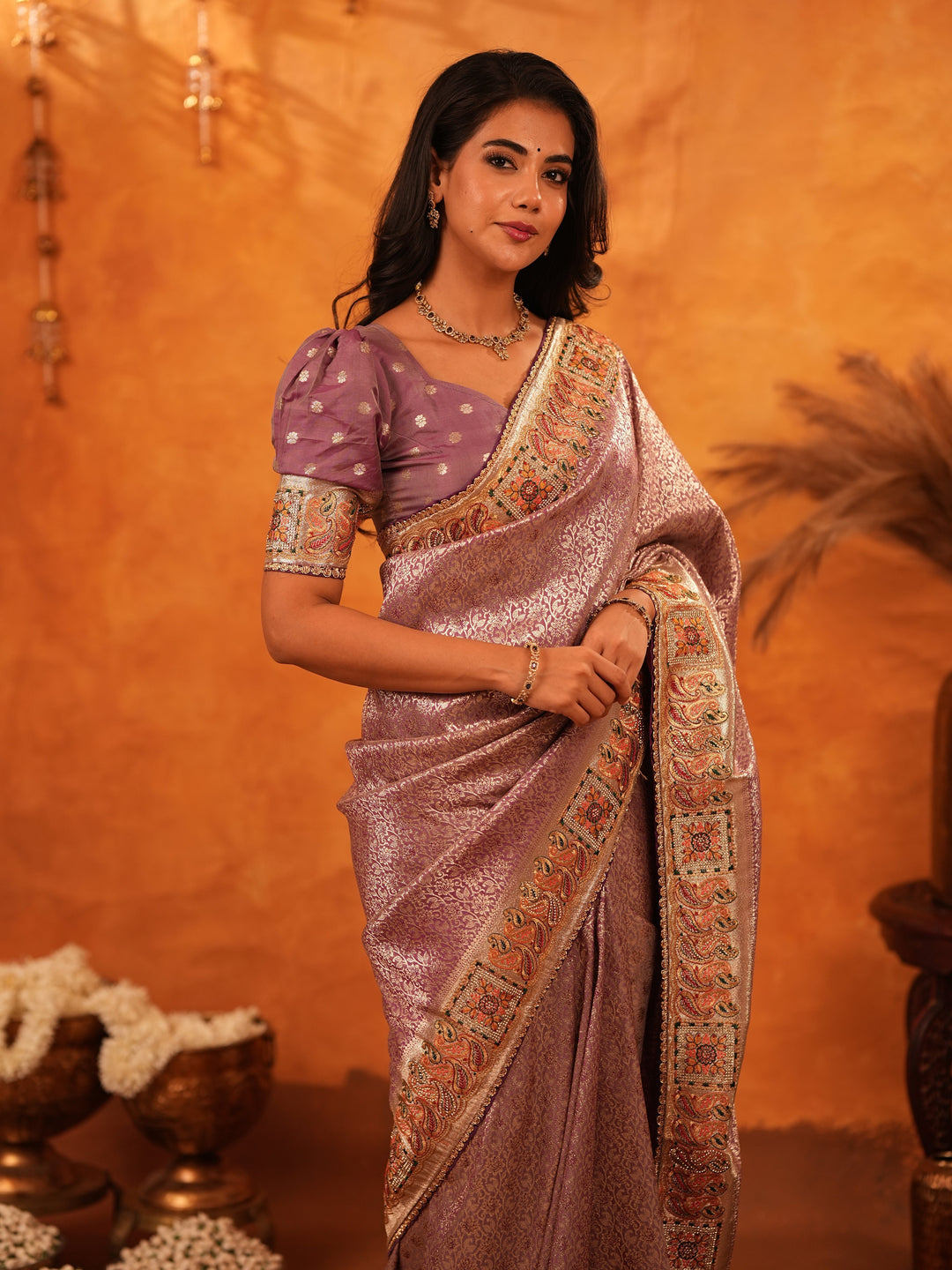 Dusty Mauve Banarasi Silk Saree with Intricate Zari Weaving & Rich Embroidered Border | Elegant Wedding & Festive Wear Saree with Blouse