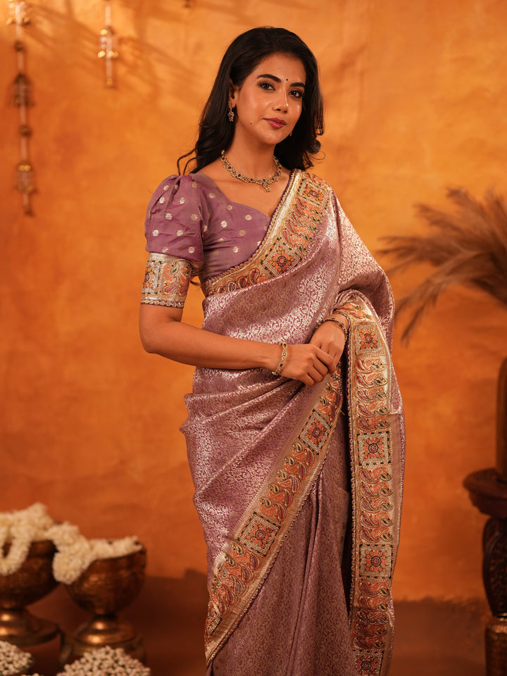 Dusty Mauve Banarasi Silk Saree with Intricate Zari Weaving & Rich Embroidered Border | Elegant Wedding & Festive Wear Saree with Blouse