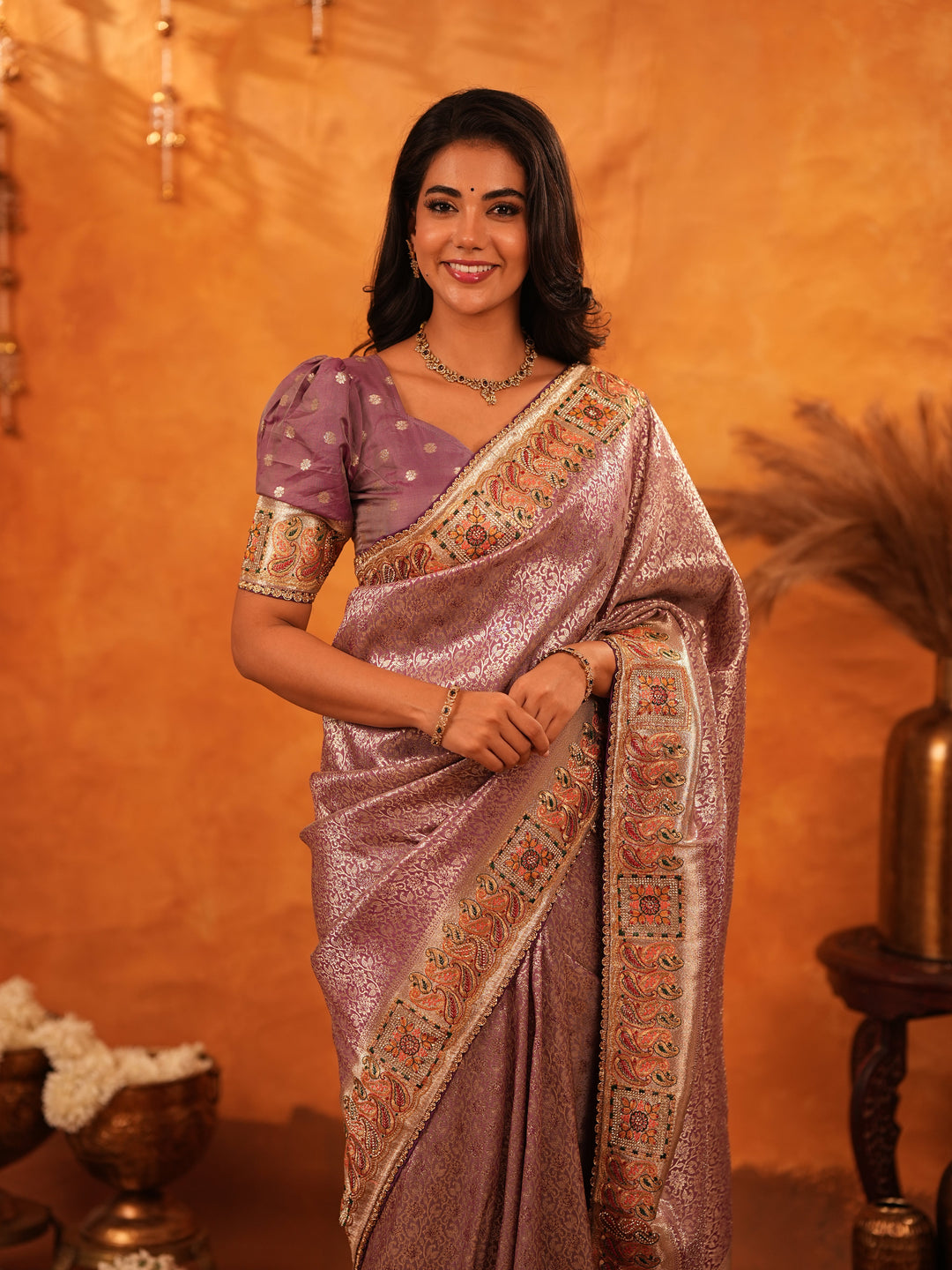 Dusty Mauve Banarasi Silk Saree with Intricate Zari Weaving & Rich Embroidered Border | Elegant Wedding & Festive Wear Saree with Blouse