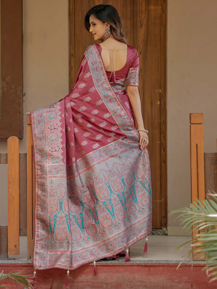 Dusty Rose Pink Banarasi Silk Saree with Intricate Paisley Zari Weaving & Tassel Detailing
