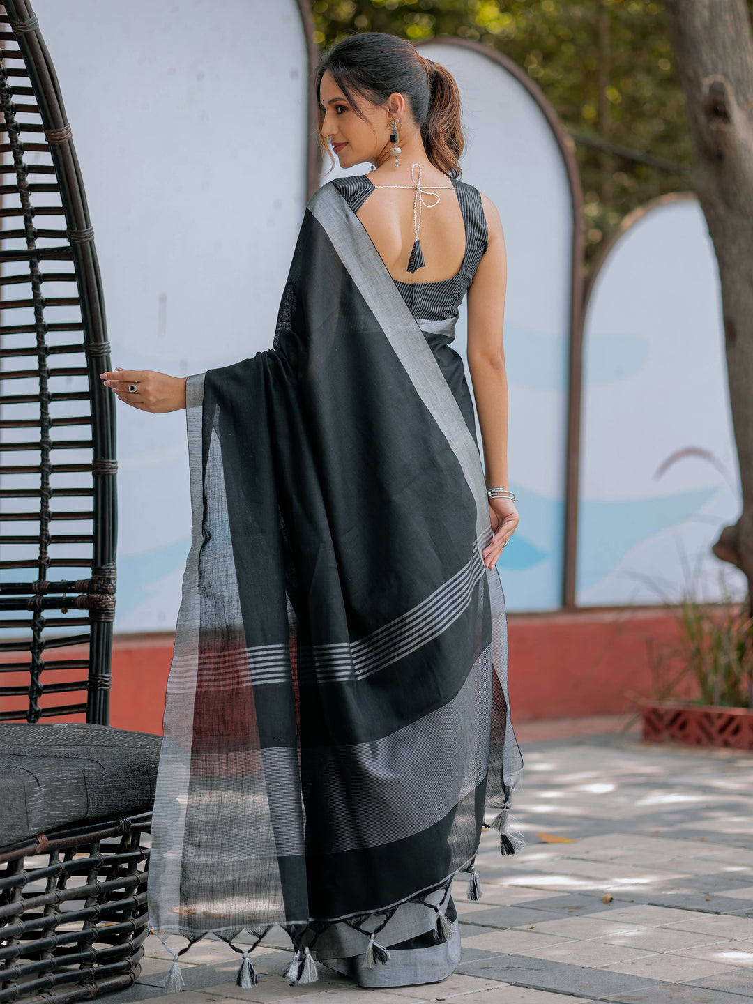Classic Black Pure Handloom Cotton Saree with Silver Border & Tassel Detailing