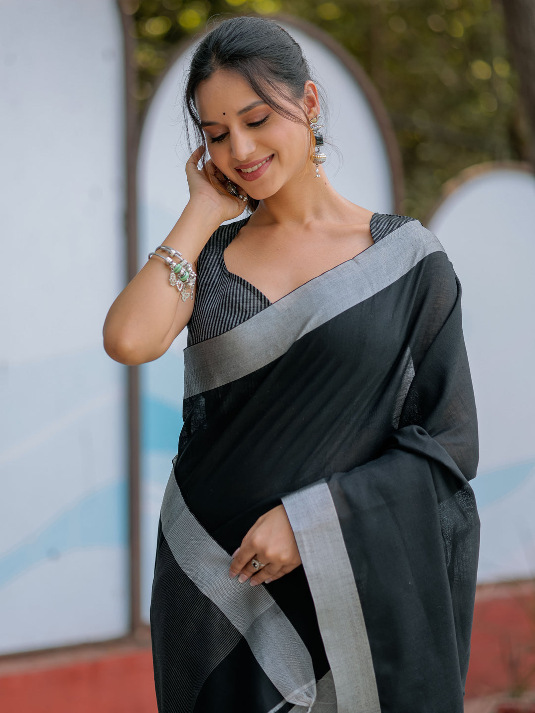 Classic Black Pure Handloom Cotton Saree with Silver Border & Tassel Detailing