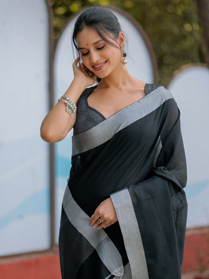 Classic Black Pure Handloom Cotton Saree with Silver Border & Tassel Detailing