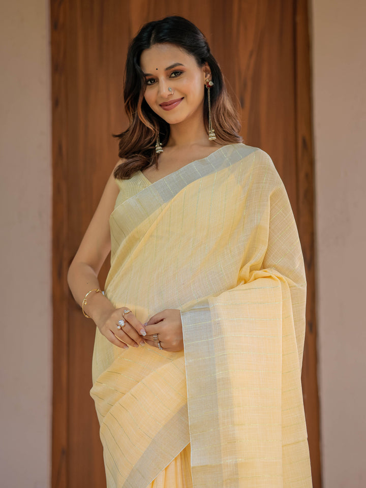 Butter Yellow Pure Handloom Cotton Saree with Golden Striped Weaving & Tassel Detailing