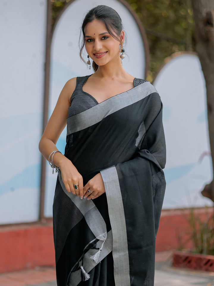 Classic Black Pure Handloom Cotton Saree with Silver Border & Tassel Detailing