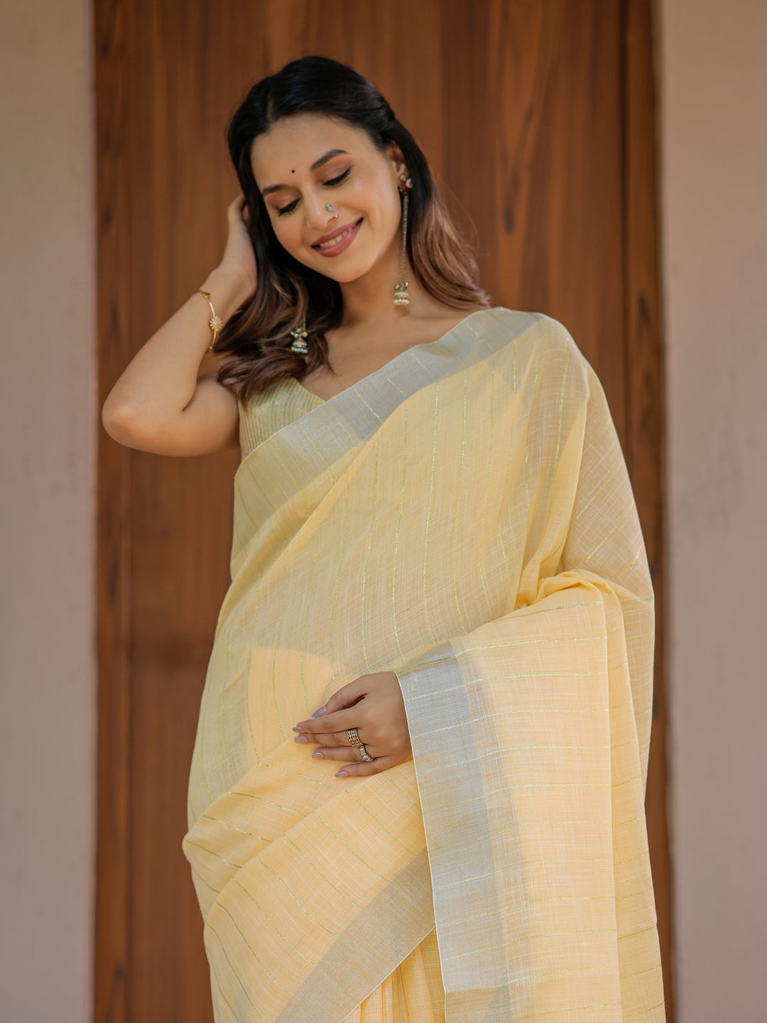 Butter Yellow Pure Handloom Cotton Saree with Golden Striped Weaving & Tassel Detailing