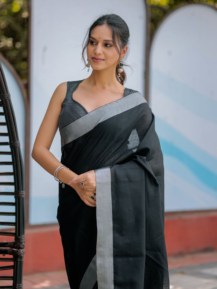 Classic Black Pure Handloom Cotton Saree with Silver Border & Tassel Detailing