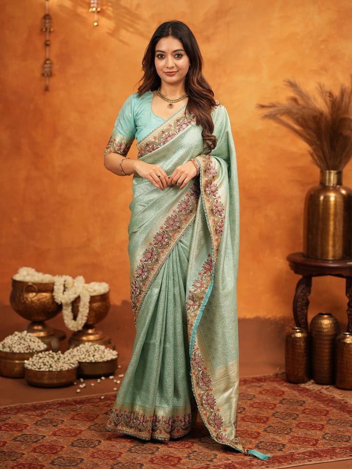 Aqua Green Banarasi Silk Embroidered Saree with Floral Border & Zari Weaving | Heavy Embroidered Blouse with Tassels | Wedding & Festive Wear Saree