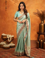 Aqua Green Banarasi Silk Embroidered Saree with Floral Border & Zari Weaving | Heavy Embroidered Blouse with Tassels | Wedding & Festive Wear Saree
