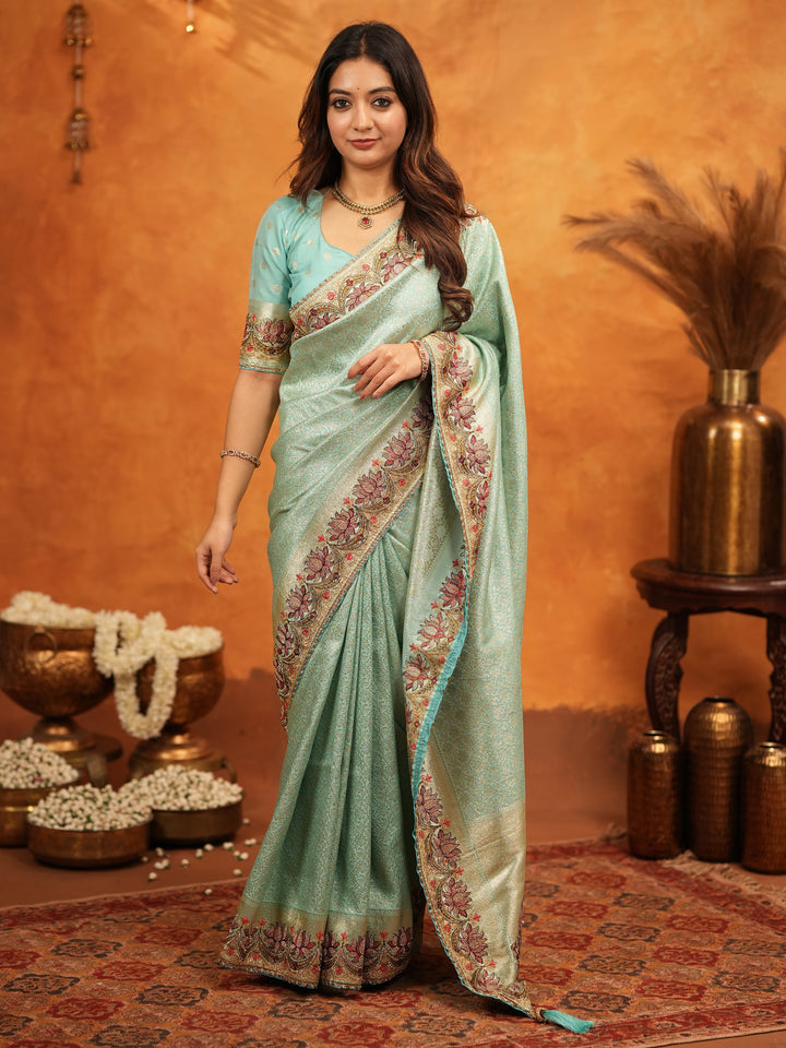 Aqua Green Banarasi Silk Embroidered Saree with Floral Border & Zari Weaving | Heavy Embroidered Blouse with Tassels | Wedding & Festive Wear Saree