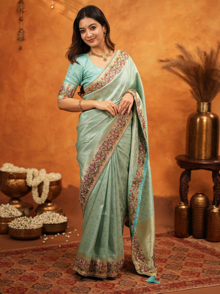 Aqua Green Banarasi Silk Embroidered Saree with Floral Border & Zari Weaving | Heavy Embroidered Blouse with Tassels | Wedding & Festive Wear Saree