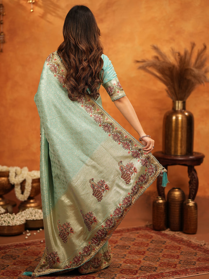 Aqua Green Banarasi Silk Embroidered Saree with Floral Border & Zari Weaving | Heavy Embroidered Blouse with Tassels | Wedding & Festive Wear Saree