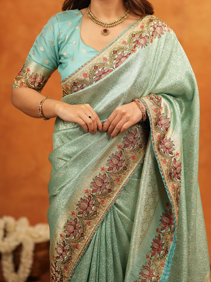Aqua Green Banarasi Silk Embroidered Saree with Floral Border & Zari Weaving | Heavy Embroidered Blouse with Tassels | Wedding & Festive Wear Saree