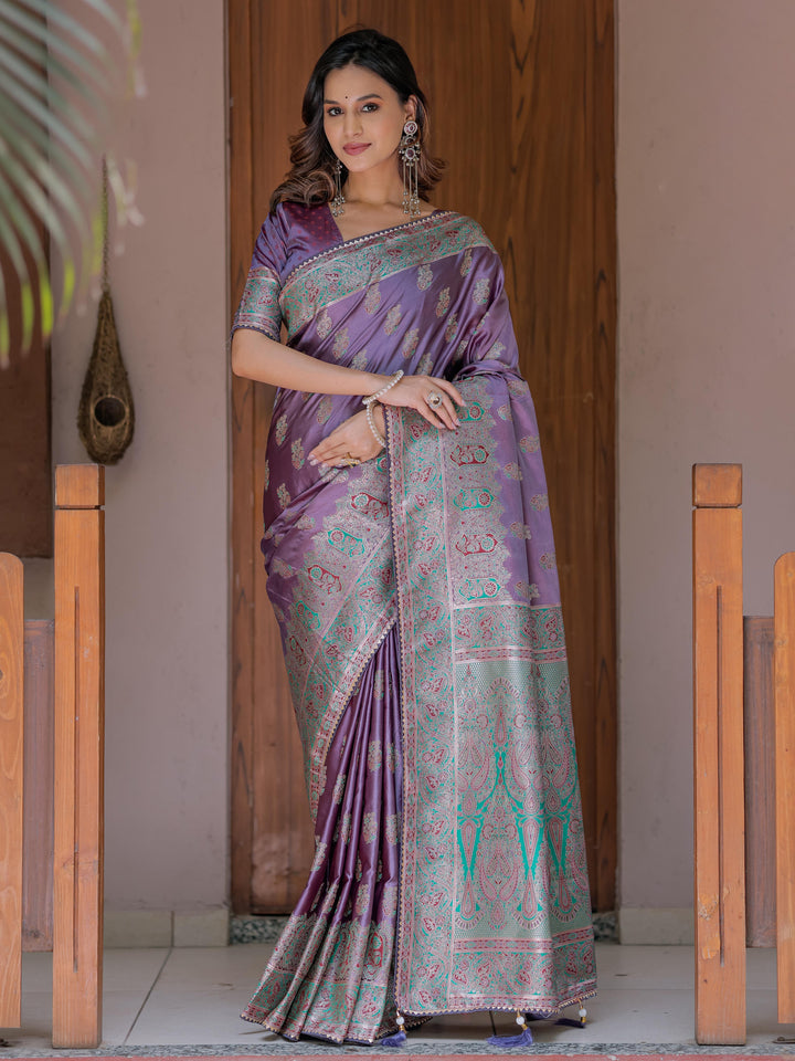 Royal Lavender Purple Banarasi Silk Saree with Intricate Paisley Zari Weaving & Tassel Detailing