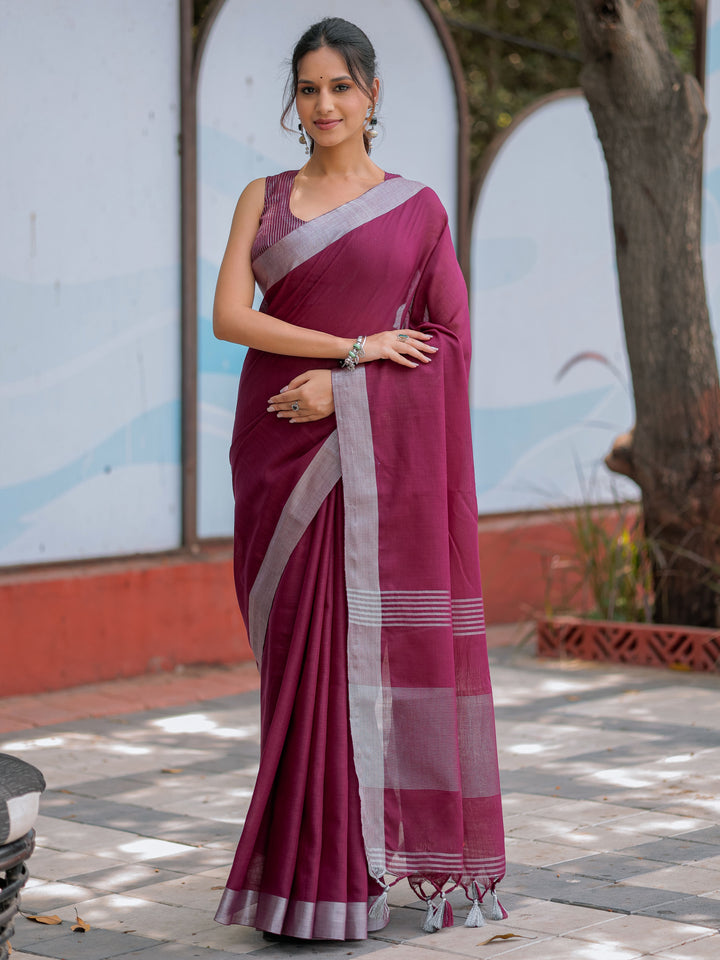 Elegant Wine Purple Pure Handloom Cotton Saree with Silver Border & Tassel Detailing