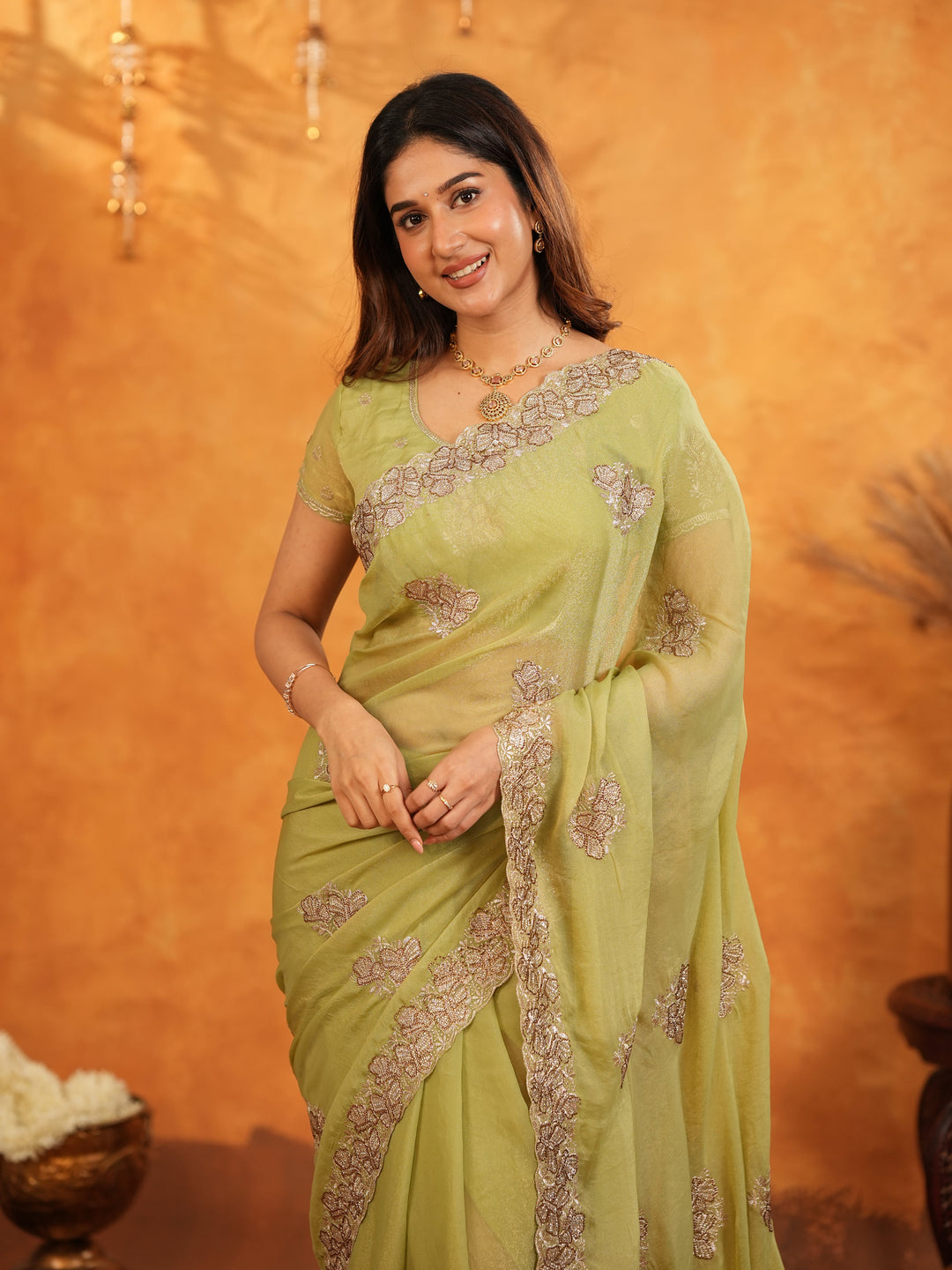Pista Green Fendy Satin Embroidered Saree with Floral Border & Tassels | Elegant Pastel Designer Saree with Heavy Embroidered Blouse