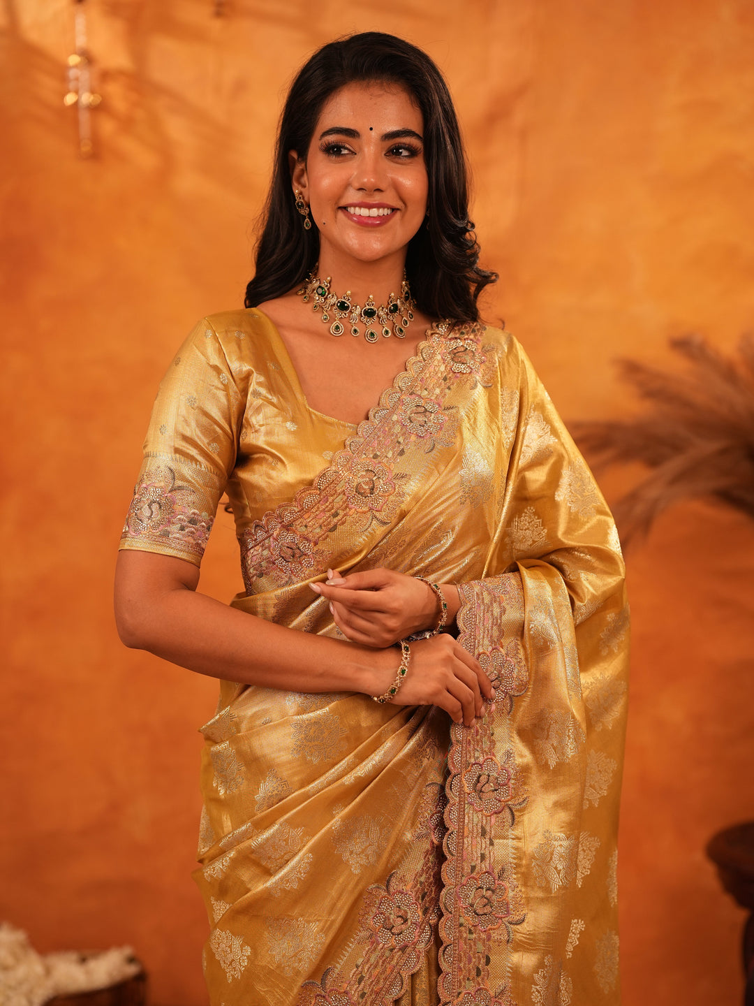 Mustard Gold Banarasi Silk Saree with Floral Zari Butti & Scalloped Embroidered Border | Premium Festive & Wedding Wear Designer Saree