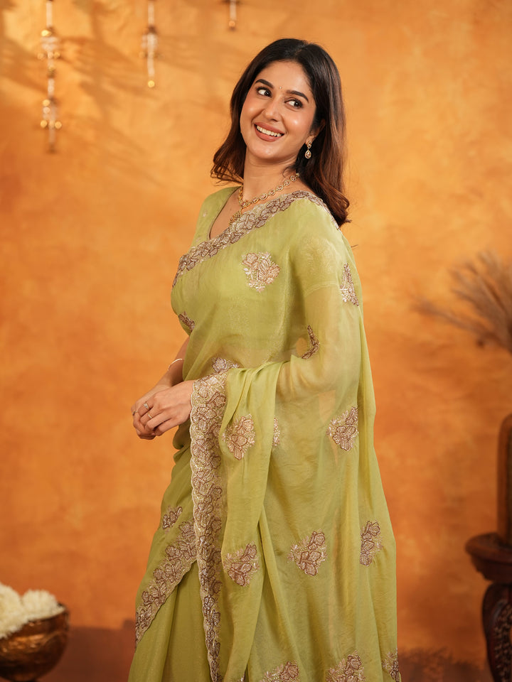 Pista Green Fendy Satin Embroidered Saree with Floral Border & Tassels | Elegant Pastel Designer Saree with Heavy Embroidered Blouse
