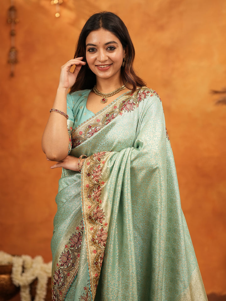 Aqua Green Banarasi Silk Embroidered Saree with Floral Border & Zari Weaving | Heavy Embroidered Blouse with Tassels | Wedding & Festive Wear Saree