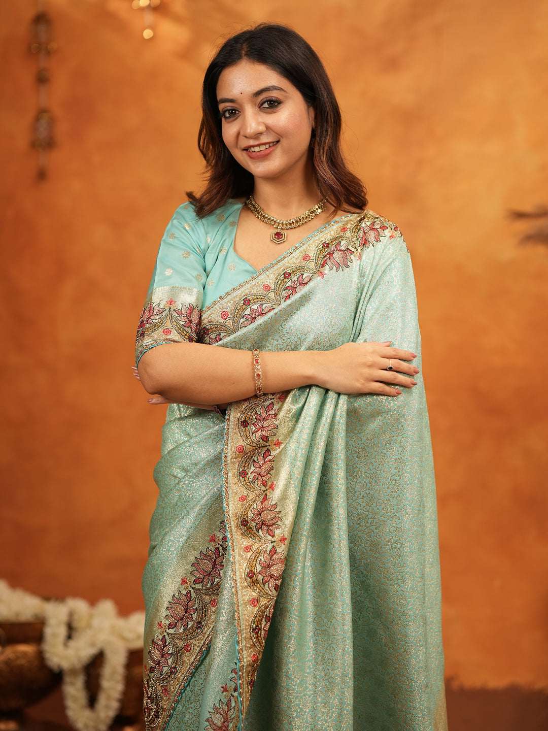 Aqua Green Banarasi Silk Embroidered Saree with Floral Border & Zari Weaving | Heavy Embroidered Blouse with Tassels | Wedding & Festive Wear Saree