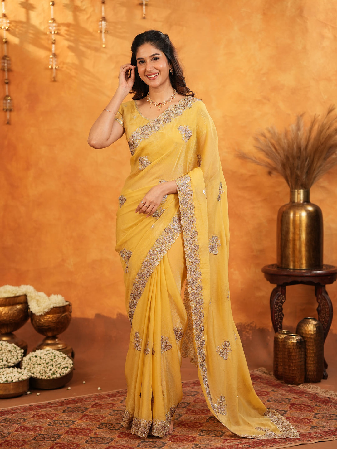 Sunshine Yellow Fendy Satin Embroidered Saree with Floral Border & Tassels | Elegant Festive Designer Saree with Heavy Embroidered Blouse