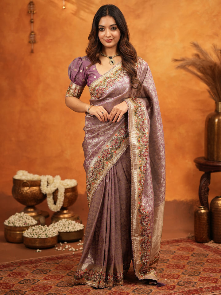 Lavender Purple Banarasi Silk Embroidered Saree with Floral Border & Zari Weaving | Heavy Embroidered Blouse with Tassels | Wedding & Festive Wear Saree