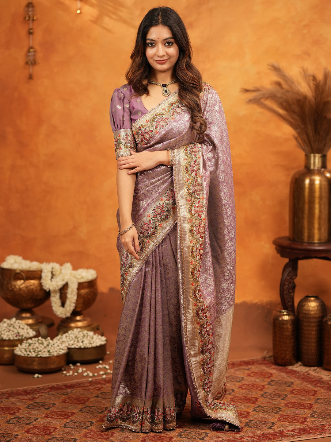 Lavender Purple Banarasi Silk Embroidered Saree with Floral Border & Zari Weaving | Heavy Embroidered Blouse with Tassels | Wedding & Festive Wear Saree