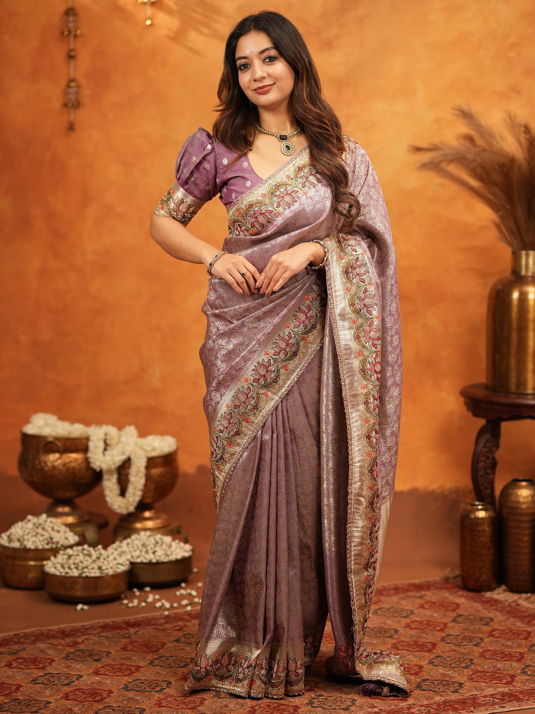 Lavender Purple Banarasi Silk Embroidered Saree with Floral Border & Zari Weaving | Heavy Embroidered Blouse with Tassels | Wedding & Festive Wear Saree
