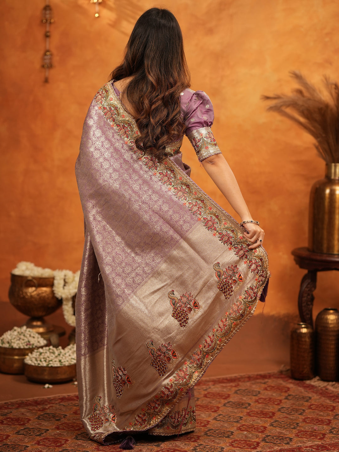 Lavender Purple Banarasi Silk Embroidered Saree with Floral Border & Zari Weaving | Heavy Embroidered Blouse with Tassels | Wedding & Festive Wear Saree