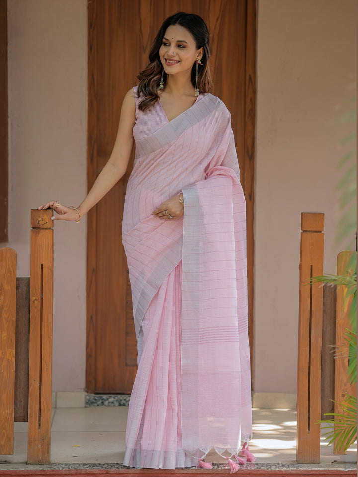Soft Peach Pink Handloom Cotton Saree with Subtle Striped Weaving & Tassel Detailing